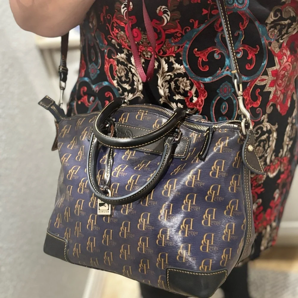Dooney Bourke Monogram Pattern Navy and Brown Satchel Handbag - Picture 2 of 15
